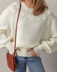 Floral Textured Puff Sleeve Round Neck Sweater