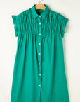 Shirred Ruffle Sleeve Buttoned Dress