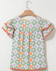 Belen Floral Layered Flutter Sleeve Rac Trim Blouse