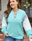 Plus Size Plaid Patchwork Corded Knit Long Sleeve Top