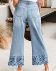 Solid Denim Embroidered Wide Leg Jeans