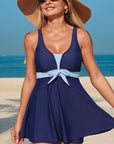 Floral Colorblock Patchwork Bow Sleeveless Swim Dress
