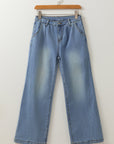 Scottie Blue Washed Pleated Detail Wide Leg Jeans