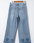 Solid Denim Embroidered Wide Leg Jeans