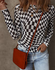 Checker Mesh Mock Neck Long Sleeve Top