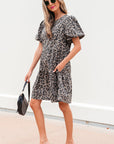 Zaylee Denim Leopard Short Puff Sleeve Mini Dress
