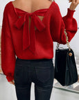 Bow Back Lantern Sleeve V-Neck Sweater