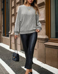 Ribbed Knit Crewneck Long Lantern Sleeve Top