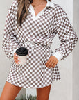 Checker Long Sleeve Top and Drawstring Mini Skirt Set