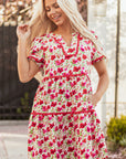 Floral Ricrac Puff Sleeve Pocketed Tiered Mini Dress