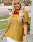 Jazlyn Geometric Short Puff Sleeve Frilled Blouse