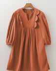 Corduroy Pleated Scallop Neck 3/4 Sleeve Mini Dress