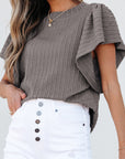 Solid Cable Textured Flutter Sleeve Top