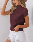Solid Ribbed Knit Patch Pocket Short Sleeve Sweater