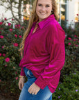 Plus Size Velvet Button-Up Pocketed Drop Shoulder Shirt