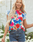Ainara Floral Mock Neck Striped Flutter Sleeve Blouse