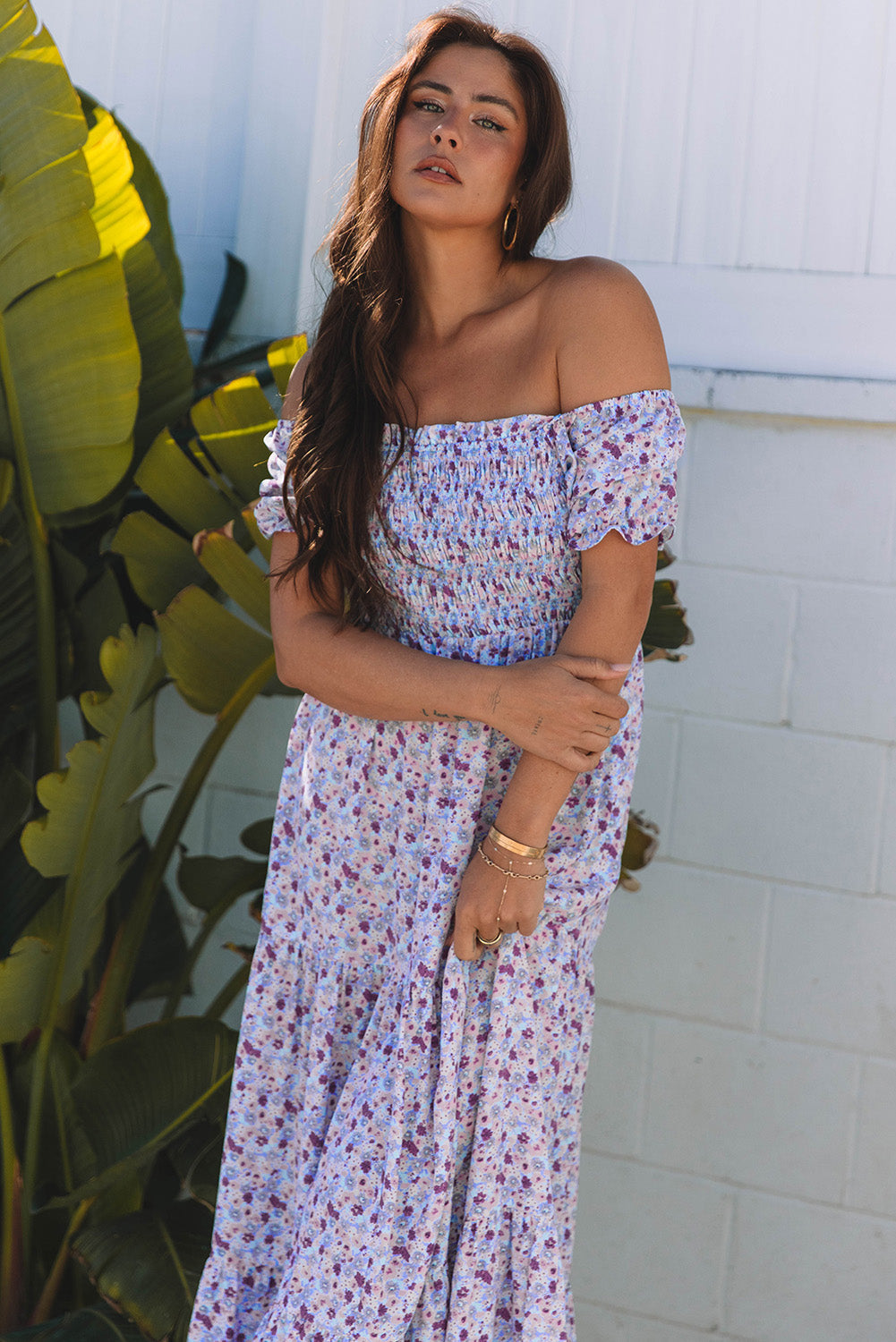 Lacey Floral Short Bubble Sleeve Maxi Dress
