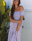 Floral Bubble Sleeve Shirred High Waist Maxi Dress