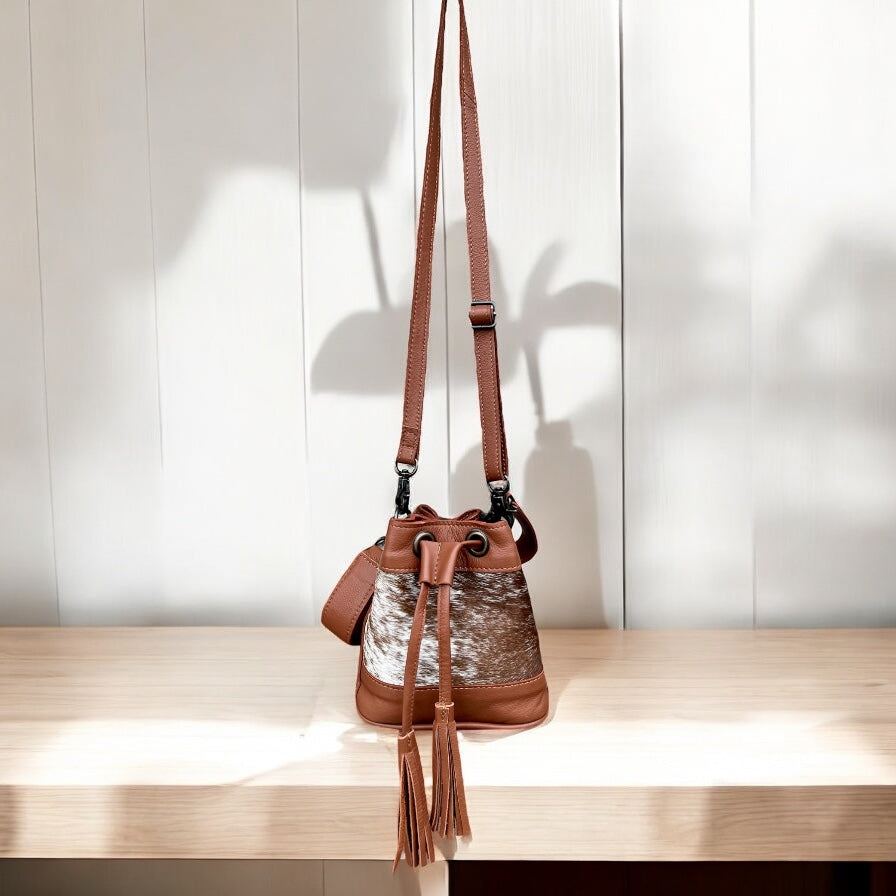 Tan cowhide & leather drawstring Crossbody kids-bag