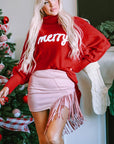 Christmas Merry Embroidered Puff Sleeve Turtleneck Sweater