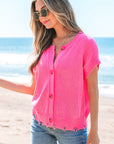Janelle Distressed Hem Short Sleeve Button Sweater