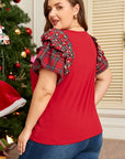 Plus Size Christmas Plaid Pearl Ruffle Sleeve Holiday T-shirt
