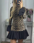 Leopard Print Panelled Flared Sleeve Slim Mini Dress