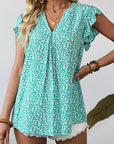 Leopard Ruffle Notched V-Neck Blouse