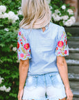 Pearl Gingham Floral Embroidered Puff Sleeve Blouse