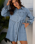 Denim Smocked Cuffs Shirt Mini Dress