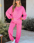 Vera Raw Edge Half Buttons Pullover and Jogger Pants Set