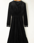 Olivia Velvet Buttoned Puff Sleeve V Neck Split Midi Dress