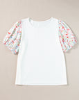 Kinslee Contrast Floral Puff Sleeve Ribbed Knit Plus Size Blouse