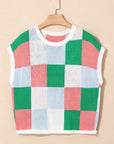 Colorblock Checker Cap Sleeve Sweater