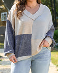 Plus Size Textured Patchwork Long Sleeve V-Neck Top