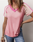 Kaiya Exposed Seam Color Block Knitted V Neck Top