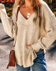 Solid Eyelet V-Neck Drop Shoulder Sweater