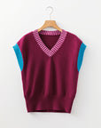 Colorblock V-Neck Cuffed Short Sleeve Sweater