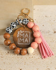 MAMA Wood Pendant Leopard Fringe Keychain