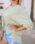 Jade Ribbed Roll-tab Sleeve Chest Pocket Oversize Top