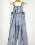 Denim Frayed Reverse Seam Wide Leg Overall