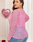 Pink Plus Size Bow Embroidered Mesh Long Sleeve Top