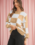 Checkered Bishop Sleeve Pullover Sweater