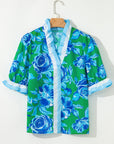 Floral Contrast Frilled V-Neck Blouse
