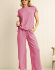 Solid Corded Short Sleeve T Shirt And Wide Leg Pants Set