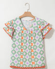 Belen Floral Layered Flutter Sleeve Rac Trim Blouse