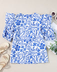 Floral Ruffle Bubble Sleeve Blouse