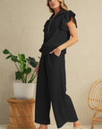 Textured Ruffle Sleeve Zipped Top and Wide Leg Pants Set