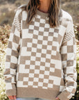 Checker Round Neck Drop Shoulder Sweater