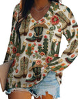 Baha Ranch Western Cactus Print Long Sleeve Top